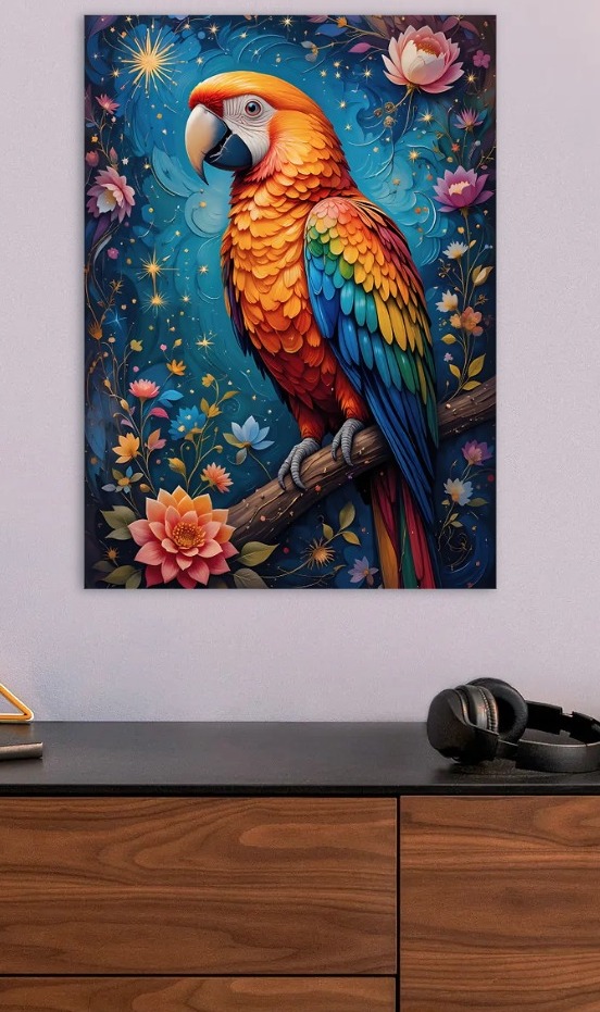 Vibrant Macaw in a Magical Garden — metal poster wall art by Lineer